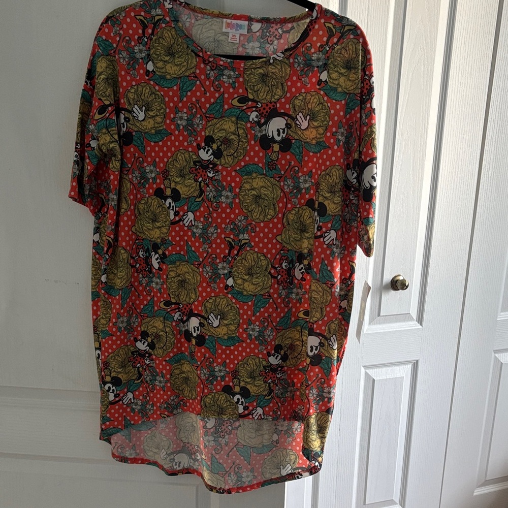 LuLaRoe Disney Irma Orange and Gold Graphic Short Sleeve Top